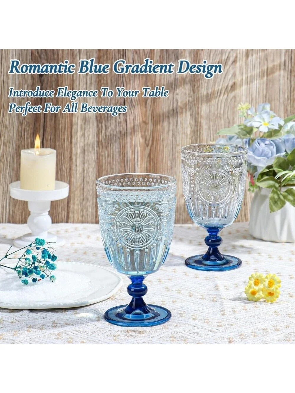 12-Piece 13.5 oz Blue Plastic Wine Glasses Embossed Reusable Goblets